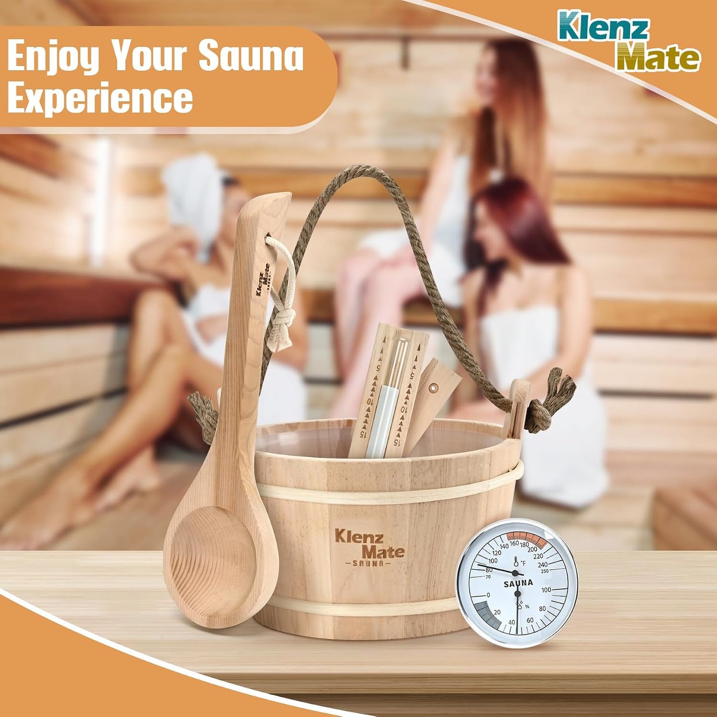 6 Pcs Sauna Accessories Kit, Wooden Sauna Bucket and Ladle Set, Handmade | 1 Gallon Bucket, Thermometer Hygrometer, Sauna Hourglass Timer, Sauna Brush & Pumice Stone, Home Sauna Accessories Set