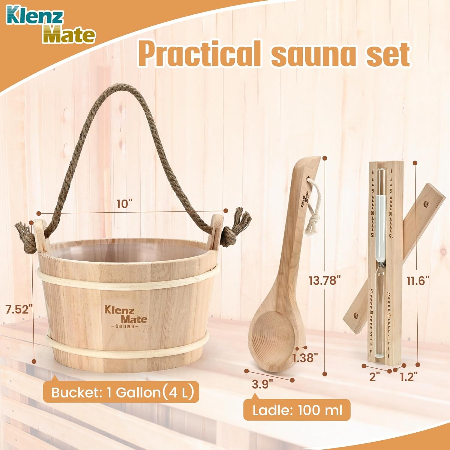 6 Pcs Sauna Accessories Kit, Wooden Sauna Bucket and Ladle Set, Handmade | 1 Gallon Bucket, Thermometer Hygrometer, Sauna Hourglass Timer, Sauna Brush & Pumice Stone, Home Sauna Accessories Set