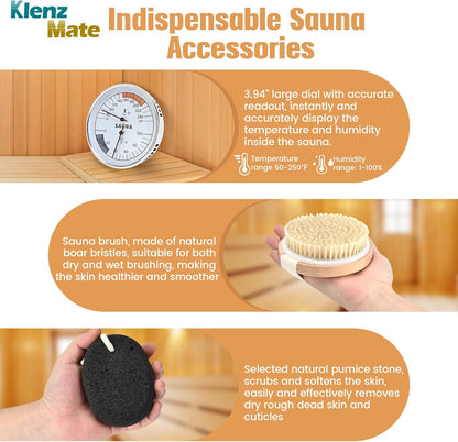 6 Pcs Sauna Accessories Kit, Wooden Sauna Bucket and Ladle Set, Handmade | 1 Gallon Bucket, Thermometer Hygrometer, Sauna Hourglass Timer, Sauna Brush & Pumice Stone, Home Sauna Accessories Set