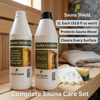 Sauna Care Set – Sauna Wood Oil & Sauna Cleaner (33.8 Fl Oz Each) with Applicator Sponge & Gloves | Protects, Cleans & Nourishes Sauna Wood | for Traditional & Infrared Saunas