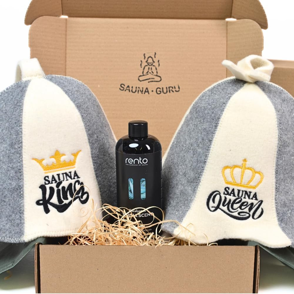 Sauna Gift Set "Sauna King & Queen" - 2 X Sauna Hat Made of 100% Wool Felt + Eucalyptus Sauna Infusion - Luxury Sauna Set for Two - Sauna Accessories & Gift Idea for Sauna Lovers, Wellness