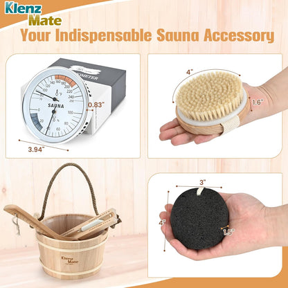 6 Pcs Sauna Accessories Kit, Wooden Sauna Bucket and Ladle Set, Handmade | 1 Gallon Bucket, Thermometer Hygrometer, Sauna Hourglass Timer, Sauna Brush & Pumice Stone, Home Sauna Accessories Set