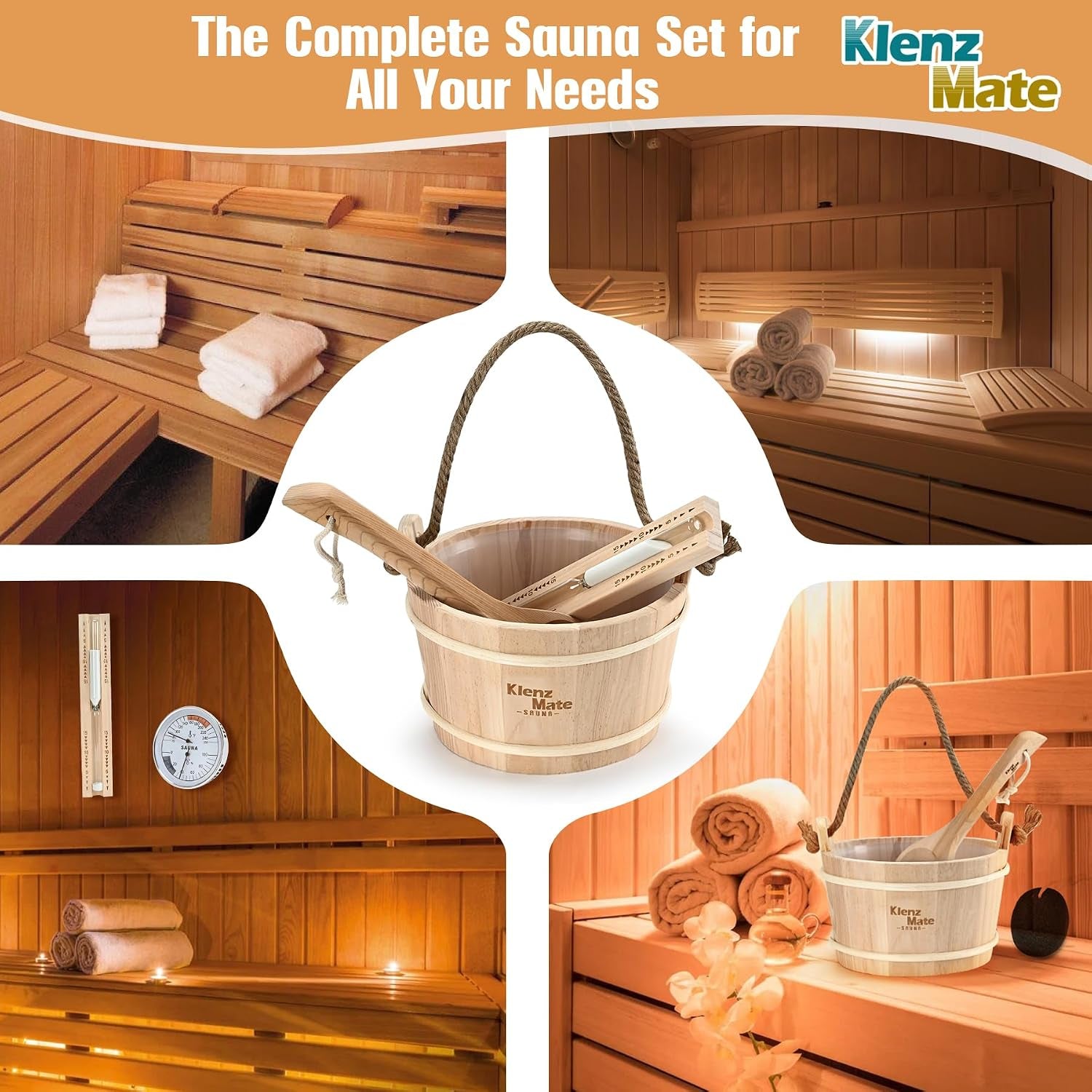 6 Pcs Sauna Accessories Kit, Wooden Sauna Bucket and Ladle Set, Handmade | 1 Gallon Bucket, Thermometer Hygrometer, Sauna Hourglass Timer, Sauna Brush & Pumice Stone, Home Sauna Accessories Set