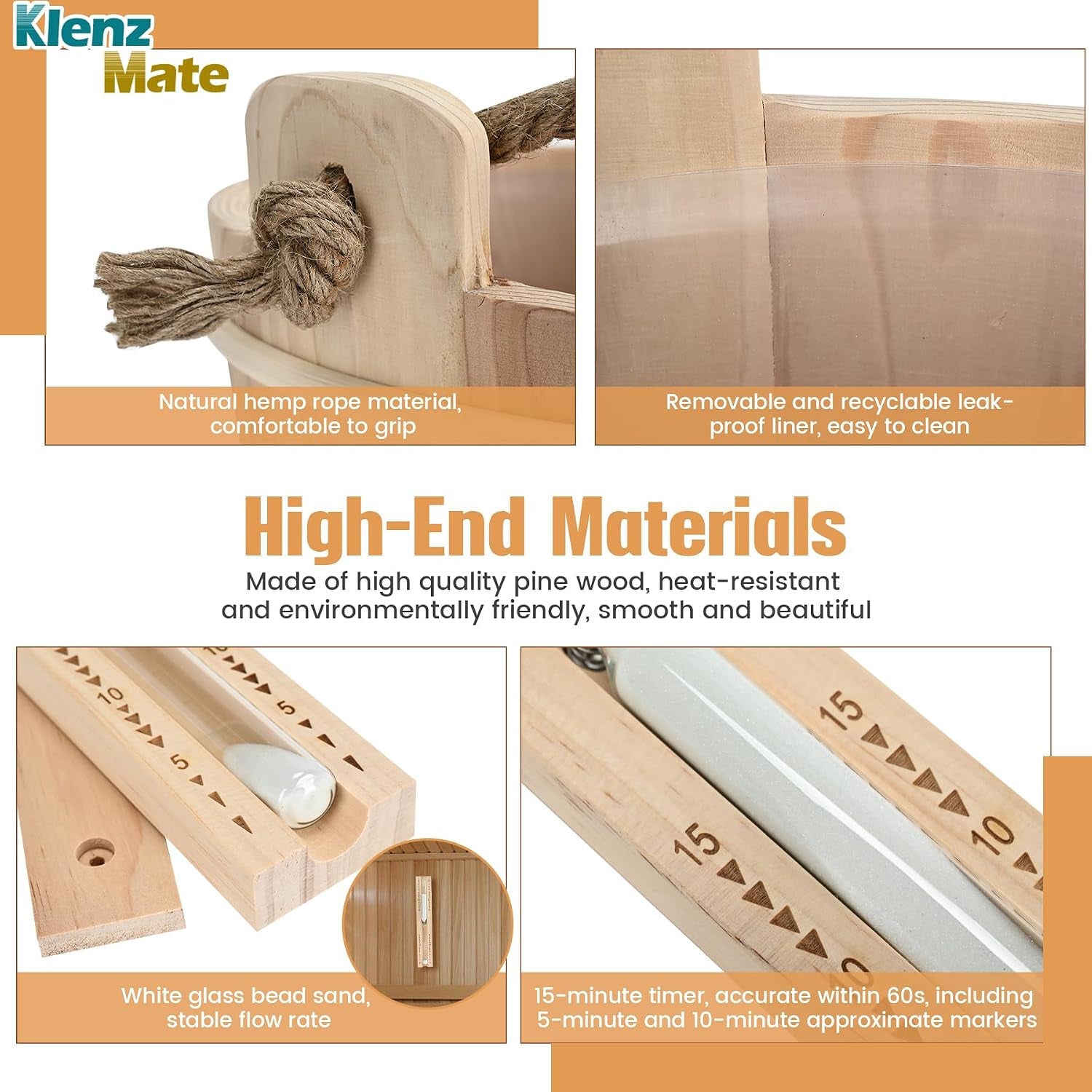 6 Pcs Sauna Accessories Kit, Wooden Sauna Bucket and Ladle Set, Handmade | 1 Gallon Bucket, Thermometer Hygrometer, Sauna Hourglass Timer, Sauna Brush & Pumice Stone, Home Sauna Accessories Set