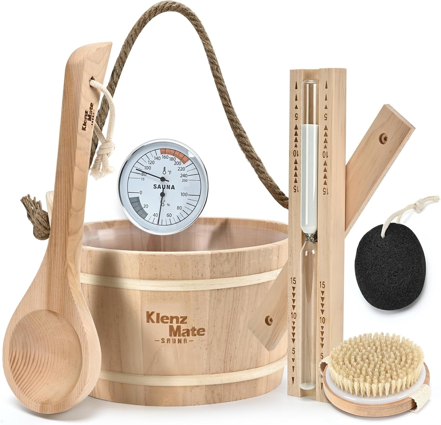 6 Pcs Sauna Accessories Kit, Wooden Sauna Bucket and Ladle Set, Handmade | 1 Gallon Bucket, Thermometer Hygrometer, Sauna Hourglass Timer, Sauna Brush & Pumice Stone, Home Sauna Accessories Set