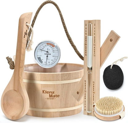6 Pcs Sauna Accessories Kit, Wooden Sauna Bucket and Ladle Set, Handmade | 1 Gallon Bucket, Thermometer Hygrometer, Sauna Hourglass Timer, Sauna Brush & Pumice Stone, Home Sauna Accessories Set