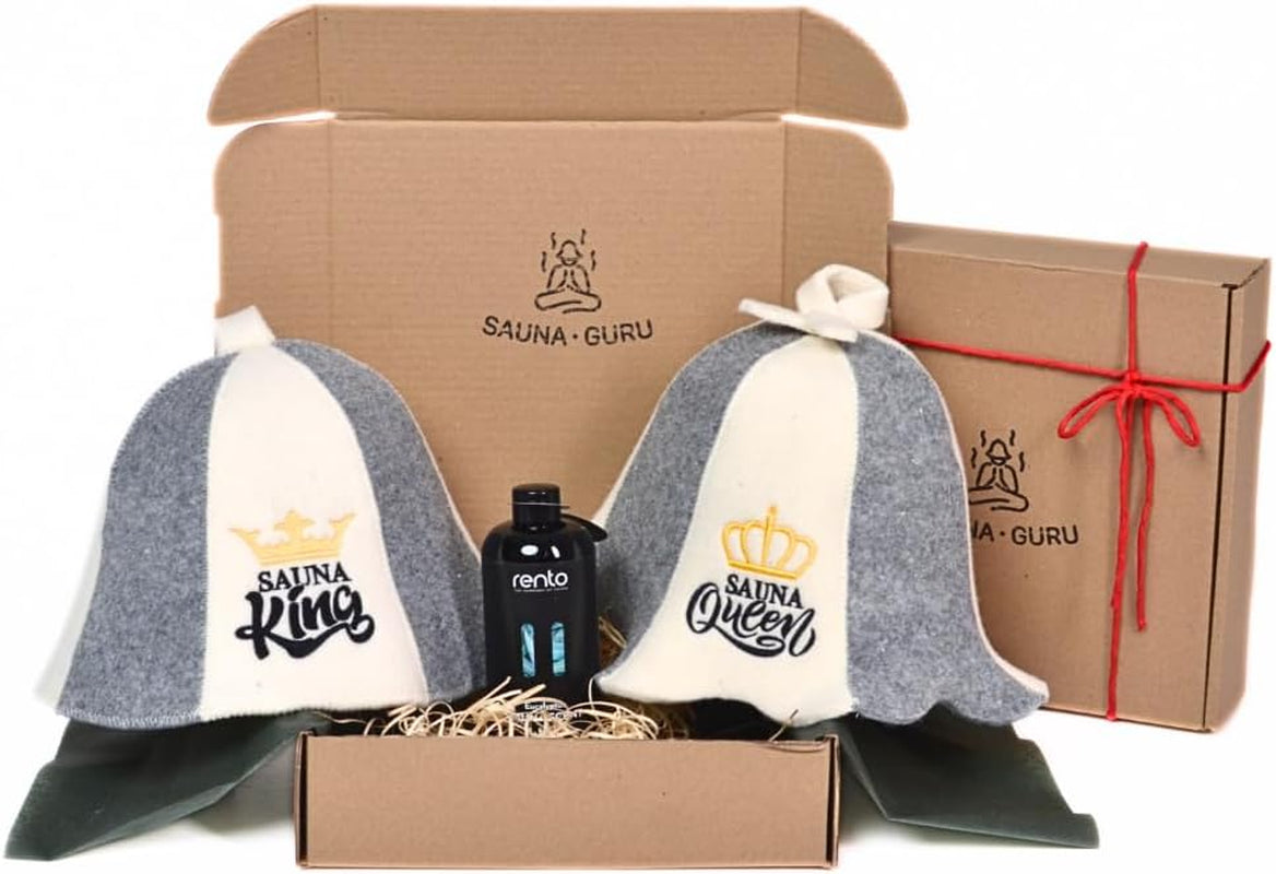 Sauna Gift Set "Sauna King & Queen" - 2 X Sauna Hat Made of 100% Wool Felt + Eucalyptus Sauna Infusion - Luxury Sauna Set for Two - Sauna Accessories & Gift Idea for Sauna Lovers, Wellness