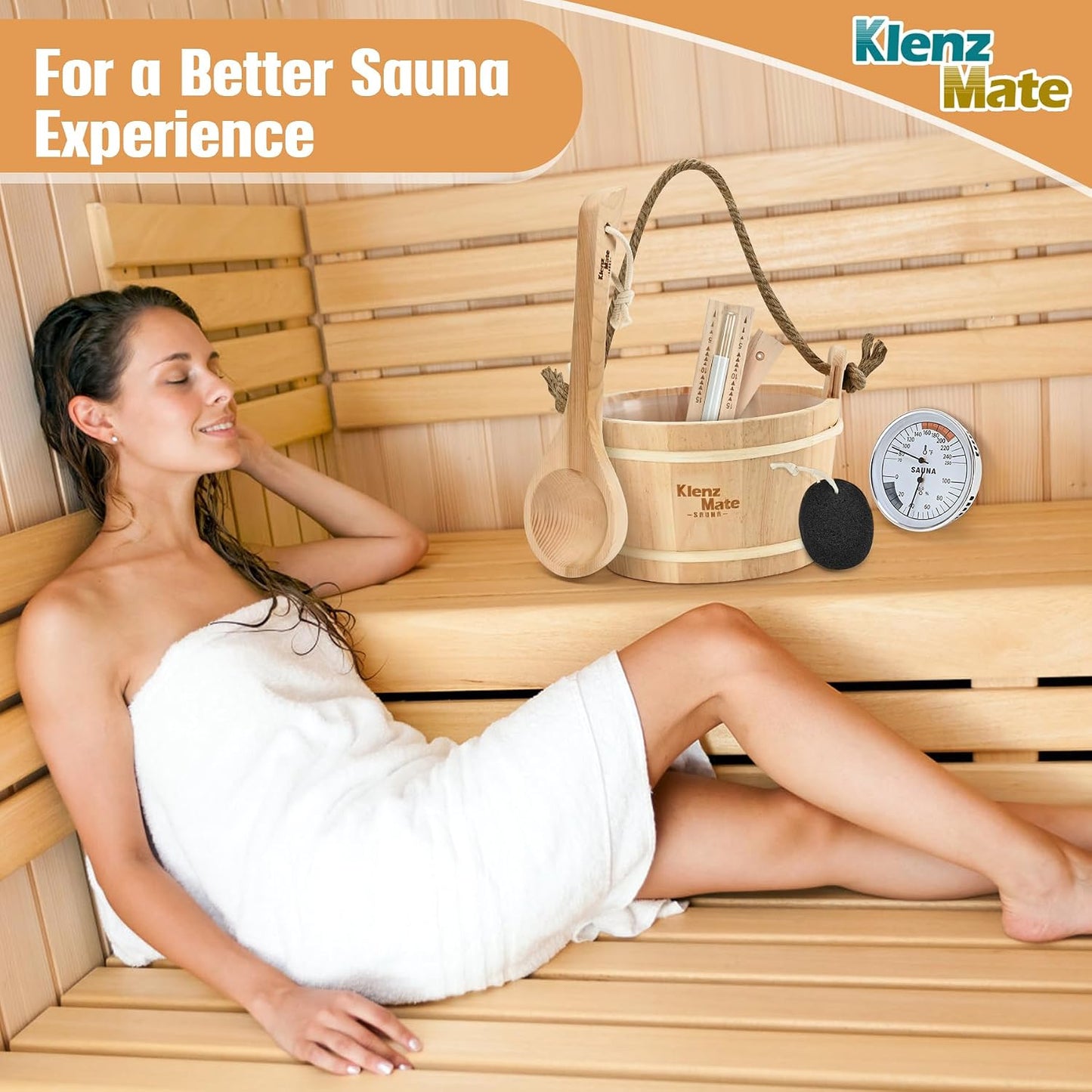 6 Pcs Sauna Accessories Kit, Wooden Sauna Bucket and Ladle Set, Handmade | 1 Gallon Bucket, Thermometer Hygrometer, Sauna Hourglass Timer, Sauna Brush & Pumice Stone, Home Sauna Accessories Set