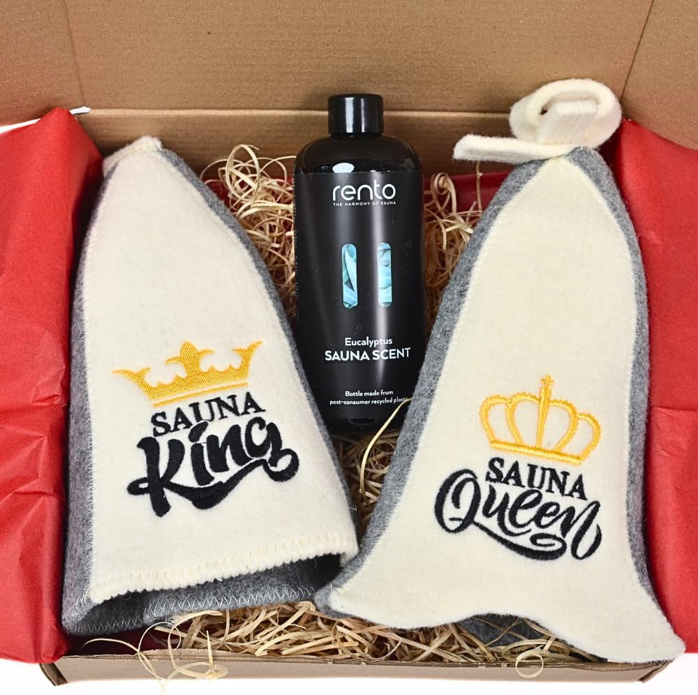 Sauna Gift Set "Sauna King & Queen" - 2 X Sauna Hat Made of 100% Wool Felt + Eucalyptus Sauna Infusion - Luxury Sauna Set for Two - Sauna Accessories & Gift Idea for Sauna Lovers, Wellness