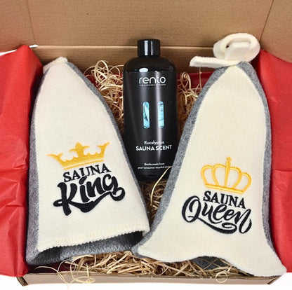 Sauna Gift Set "Sauna King & Queen" - 2 X Sauna Hat Made of 100% Wool Felt + Eucalyptus Sauna Infusion - Luxury Sauna Set for Two - Sauna Accessories & Gift Idea for Sauna Lovers, Wellness