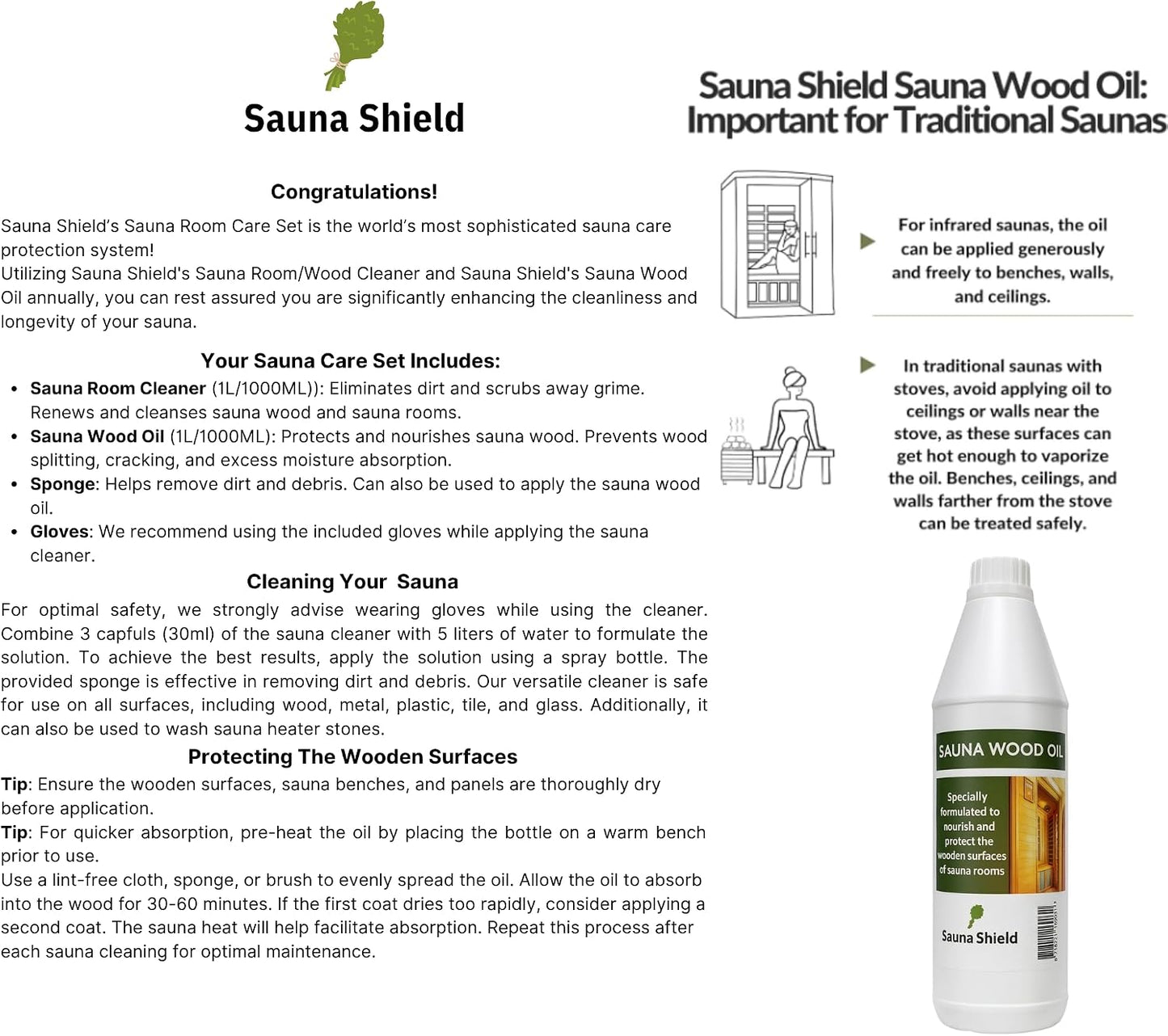 Sauna Care Set – Sauna Wood Oil & Sauna Cleaner (33.8 Fl Oz Each) with Applicator Sponge & Gloves | Protects, Cleans & Nourishes Sauna Wood | for Traditional & Infrared Saunas