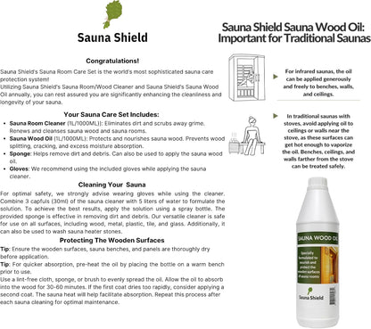 Sauna Care Set – Sauna Wood Oil & Sauna Cleaner (33.8 Fl Oz Each) with Applicator Sponge & Gloves | Protects, Cleans & Nourishes Sauna Wood | for Traditional & Infrared Saunas