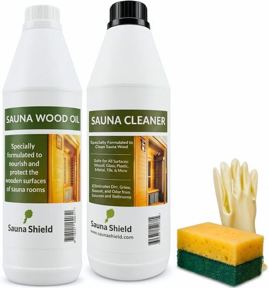 Sauna Care Set – Sauna Wood Oil & Sauna Cleaner (33.8 Fl Oz Each) with Applicator Sponge & Gloves | Protects, Cleans & Nourishes Sauna Wood | for Traditional & Infrared Saunas